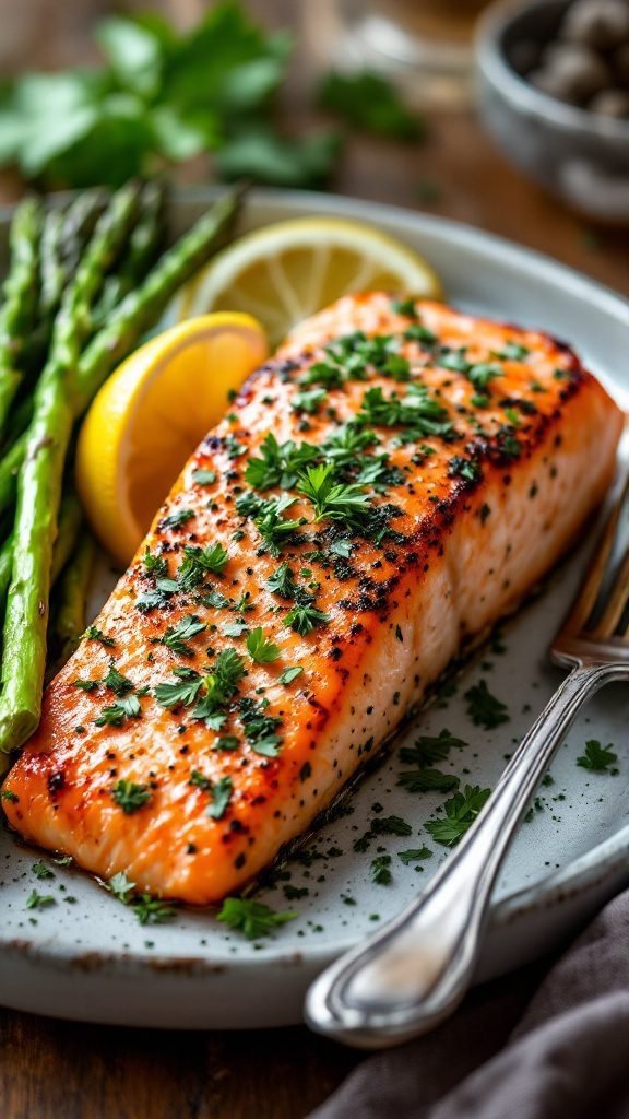 Herb-crusted salmon fillet with green asparagus and lemon slices on a plate.