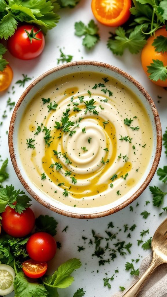 A creamy herbed tofu salad dressing in a bowl, garnished with herbs.