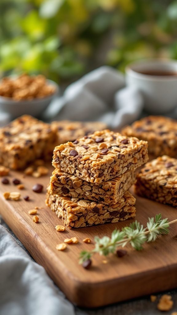 Delicious homemade granola bars stacked on a wooden board with chocolate chips and oats scattered around