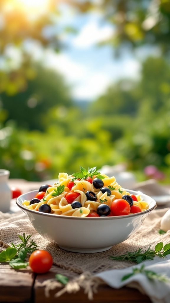A bowl of homemade pasta salad with cherry tomatoes and black olives, set outdoors