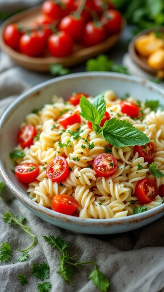 A colorful bowl of homemade pasta salad with cherry tomatoes and herbs.