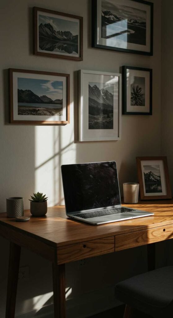 A cozy home office setup with a wooden desk, laptop, decorative plants, and framed art on the wall.