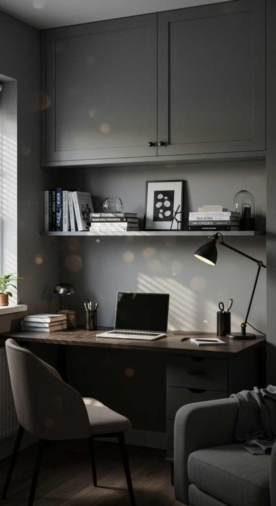 A cozy home office with a desk lamp, laptop, and organized shelves.