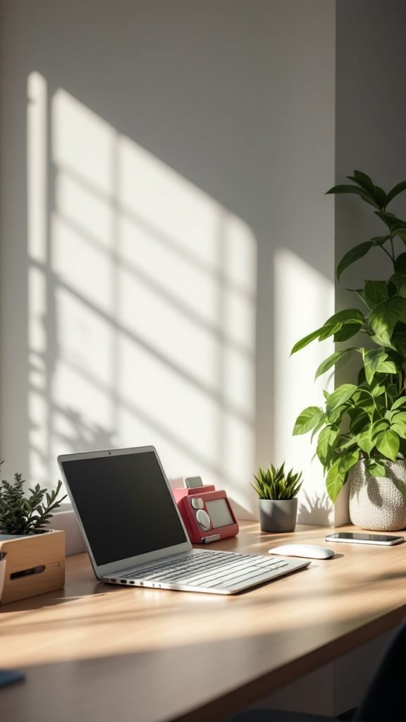 A cozy home office setup with a laptop, plants, and simple decor.