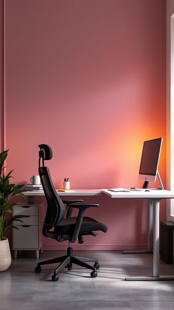 A cozy and minimalist home office setup featuring an ergonomic chair and a sleek desk against a pink wall.
