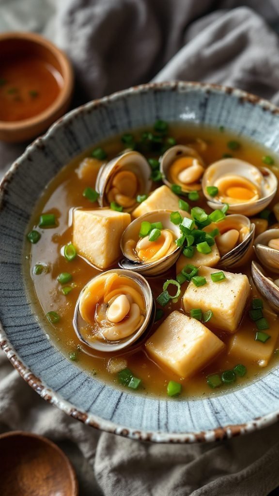 A bowl of Japanese miso soup featuring tofu and clams, garnished with green onions.