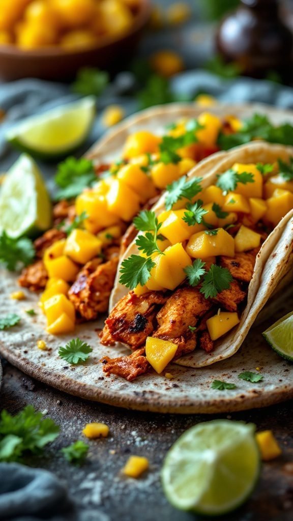 Jerk chicken tacos topped with mango salsa and cilantro