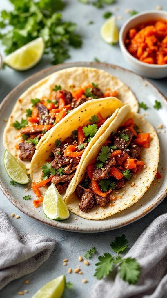 Delicious Korean BBQ beef tacos with fresh toppings and lime.