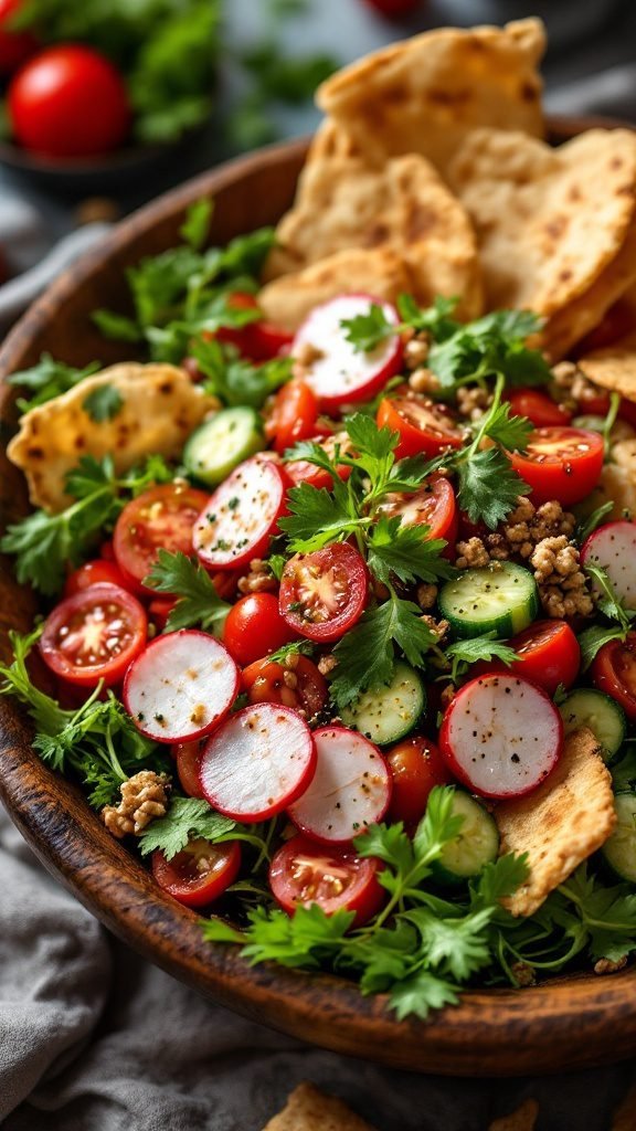 A colorful and vibrant Lebanese Fattoush salad with fresh vegetables, herbs, and crispy pita.
