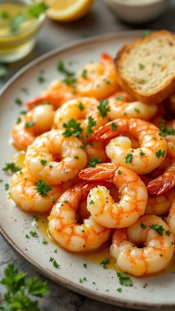 A platter of lemon garlic butter shrimp garnished with parsley and served with bread.