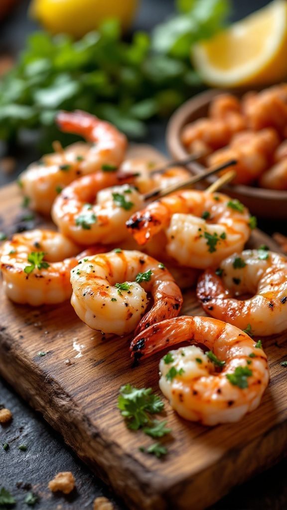 Grilled shrimp skewers with herbs and lemon.