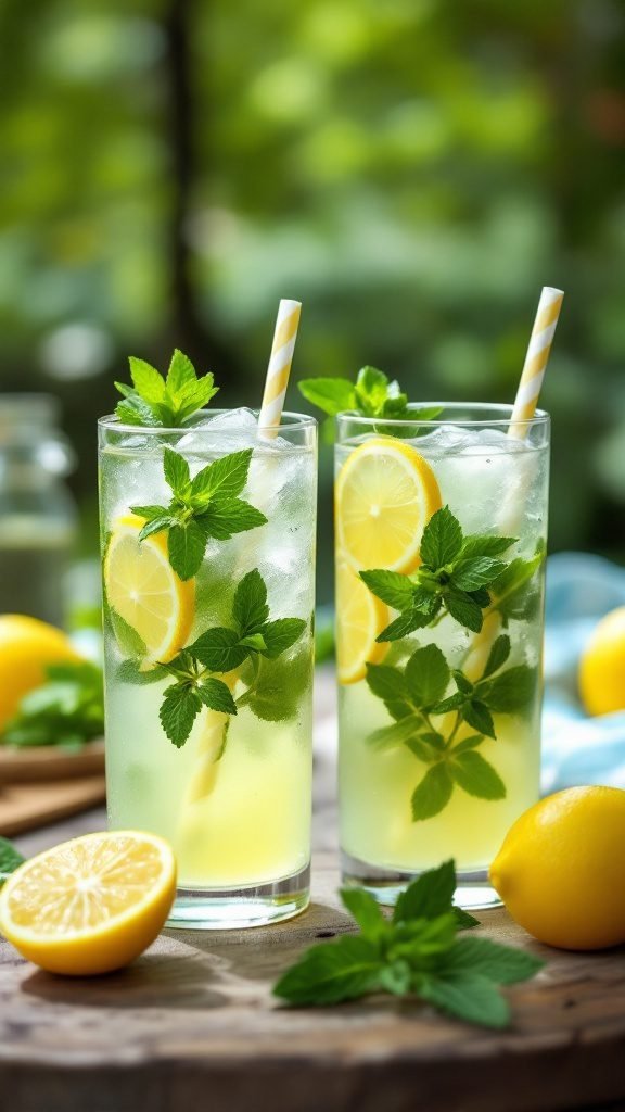Two glasses of lemonade and mint spritzers with fresh mint and lemon slices, surrounded by lemons and mint leaves.