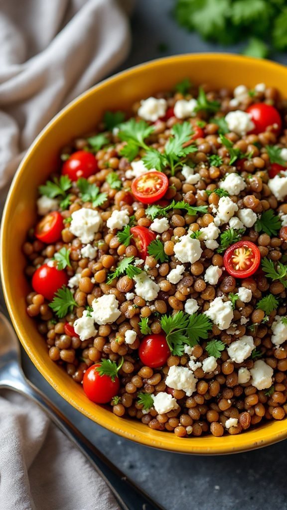 A colorful lentil salad with cherry tomatoes, feta cheese, and fresh herbs in a yellow bowl.