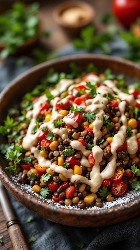 A colorful lentil salad topped with tahini dressing and garnished with parsley.