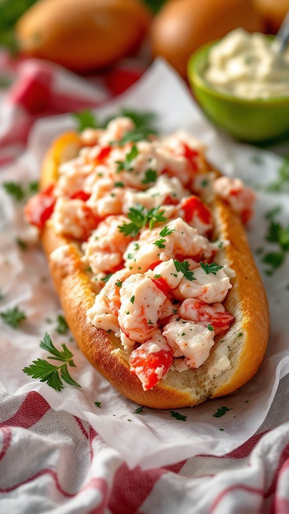 A delicious lobster roll topped with fresh herbs and served in a toasted bun.