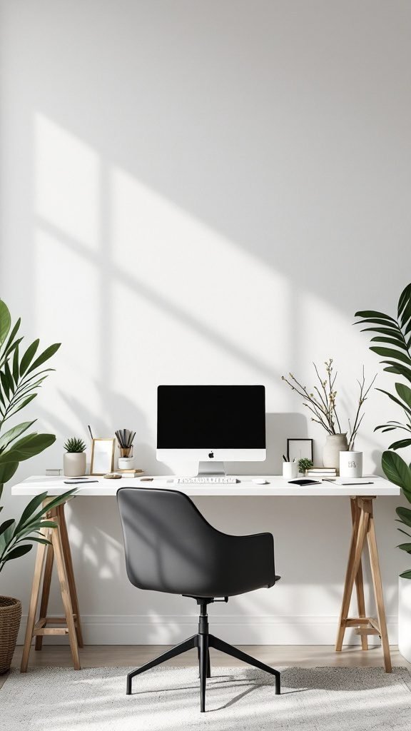 A minimalist home office setup featuring a desk, ergonomic chair, computer, and plants