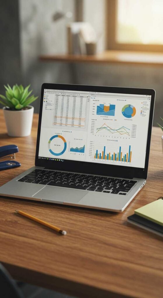 A laptop showing a spreadsheet on a wooden desk, surrounded by office supplies and plants.