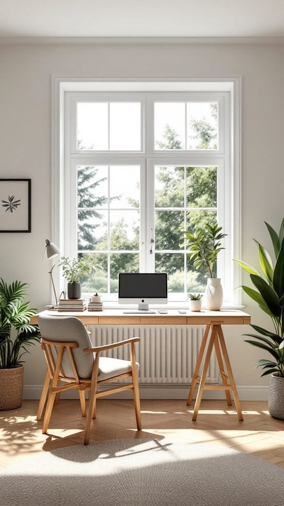A cozy home office with a large window allowing natural light, featuring a desk, chair, and plants.