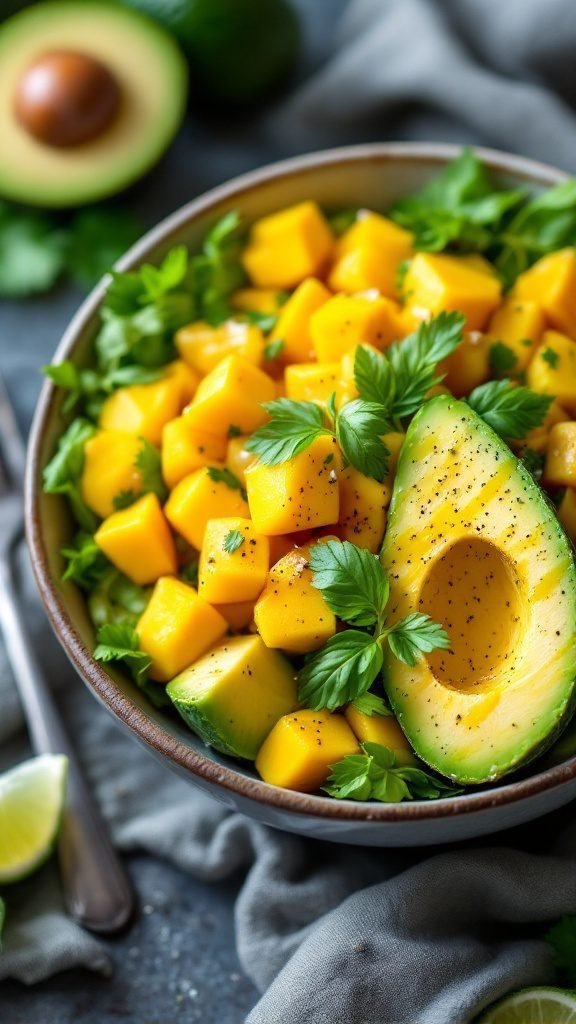 A vibrant Mango and Avocado Salad featuring diced mango, avocado, and fresh herbs.