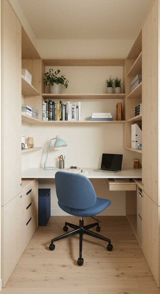 A compact home office setup featuring a desk, ergonomic chair, shelves, and plants, designed for maximizing small spaces.