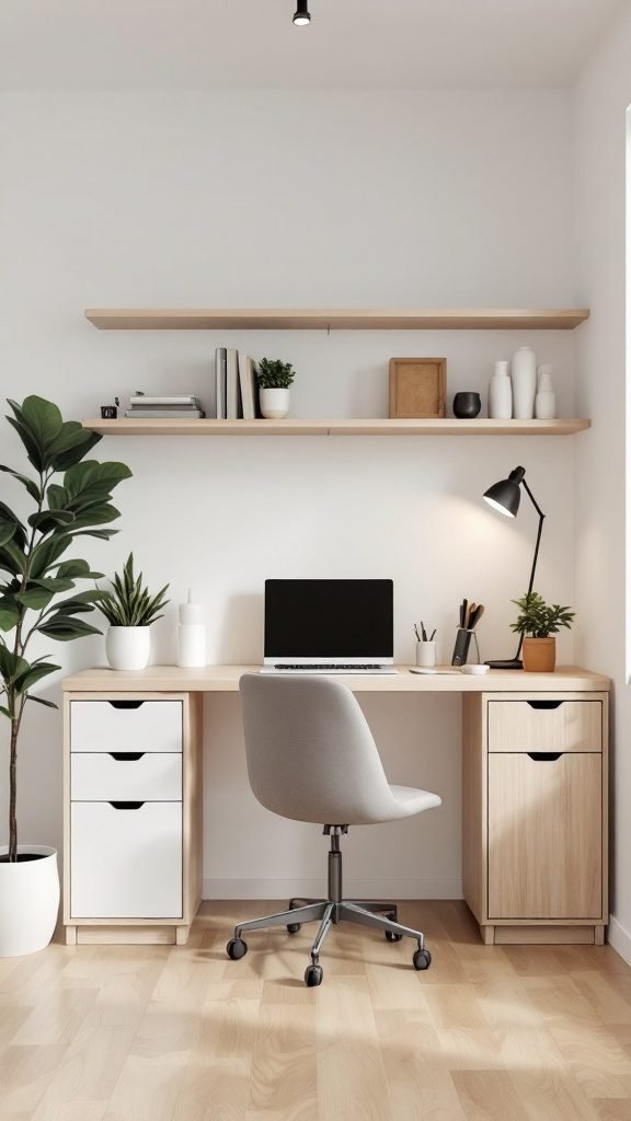 A compact home office setup featuring a desk, adjustable chair, and storage shelves with plants.