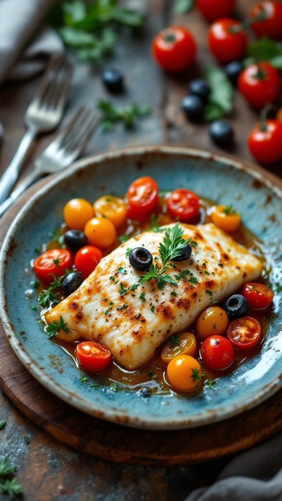 A plate of Mediterranean baked cod served with cherry tomatoes and olives.