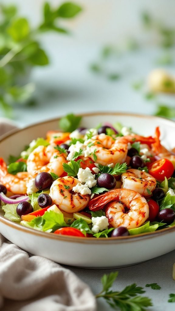 A colorful Mediterranean grilled shrimp salad with shrimp, olives, and feta cheese.