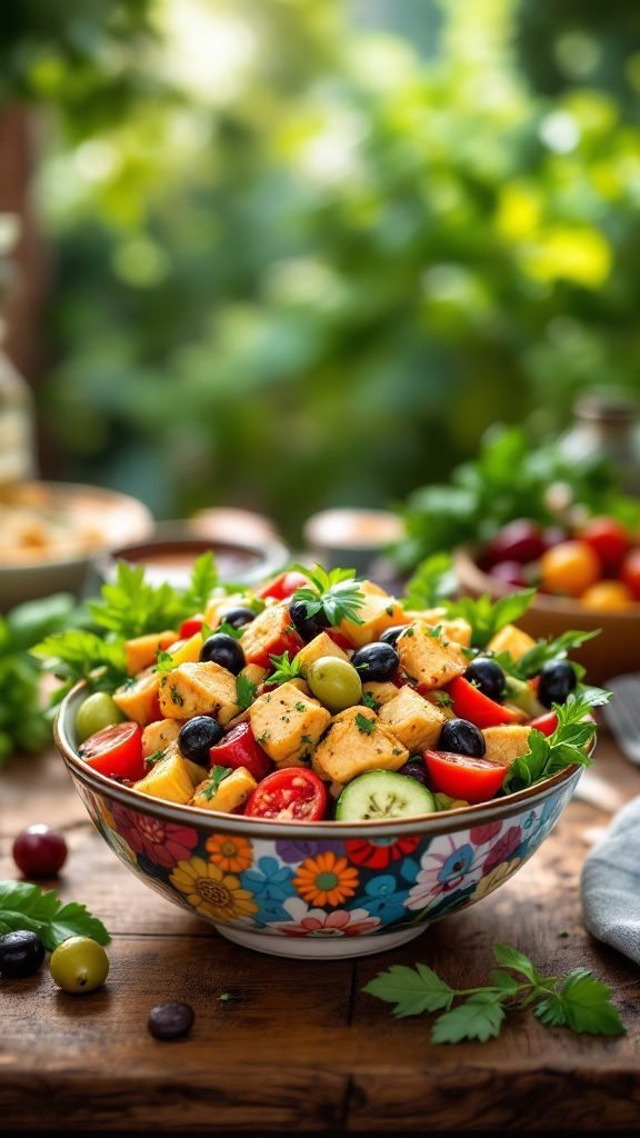 A vibrant Mediterranean Jackfruit Salad featuring colorful vegetables and olives.