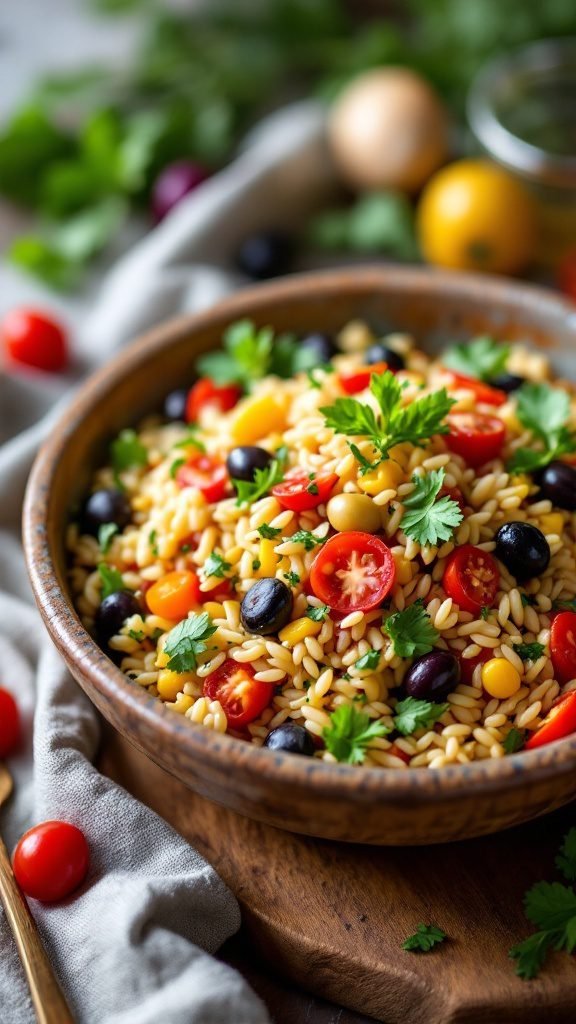 A bowl of Mediterranean Orzo Salad with fresh vegetables.