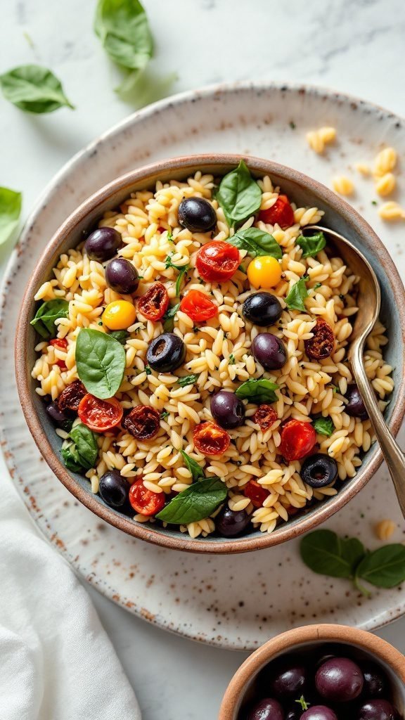 A bowl of Mediterranean Orzo Salad with colorful ingredients.
