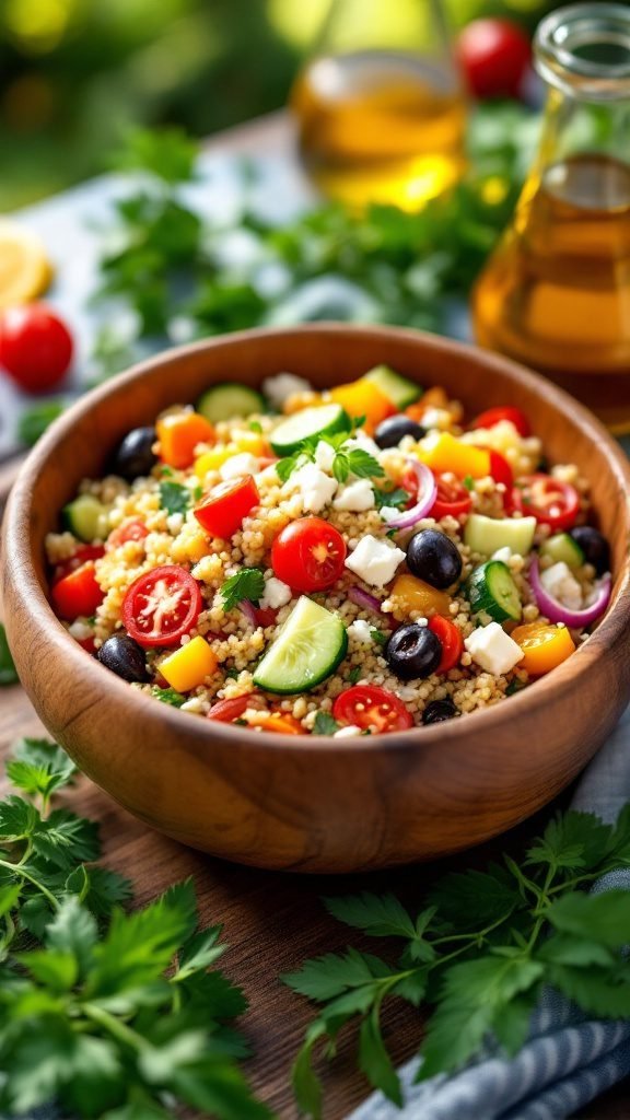 A bowl of Mediterranean Quinoa Salad with colorful vegetables.