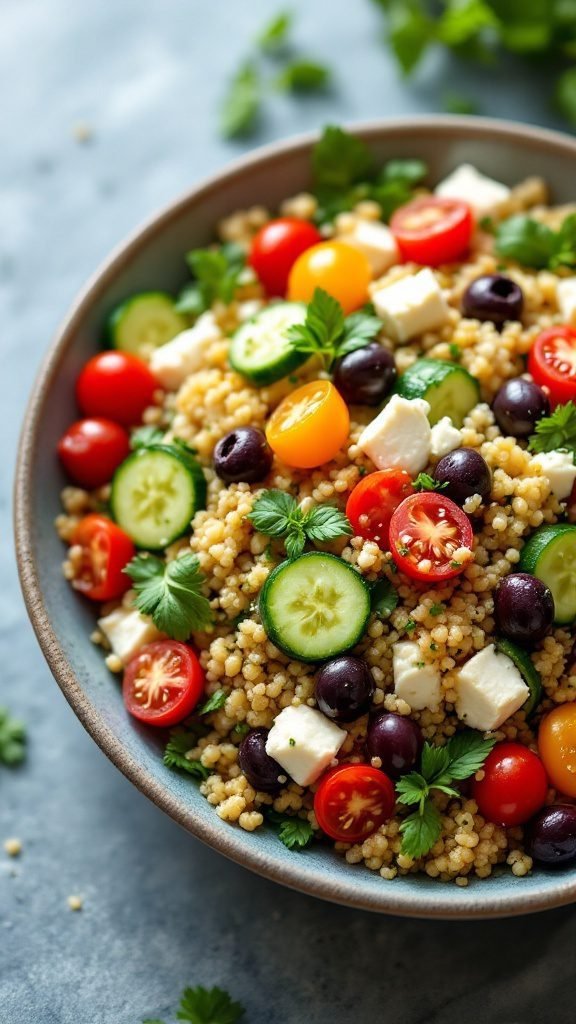 A vibrant Mediterranean Quinoa Salad with cherry tomatoes, cucumber, olives, and feta cheese.