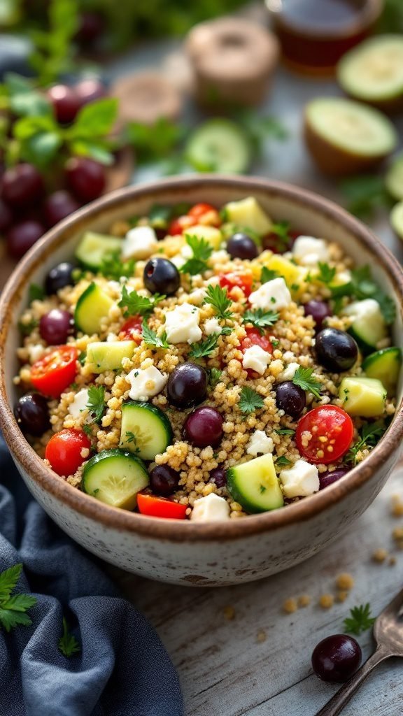 A bowl of Mediterranean Quinoa Salad with colorful vegetables and herbs.