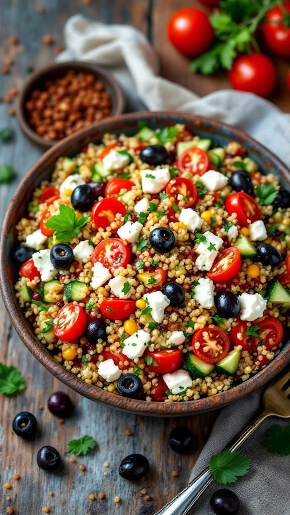 Mediterranean Quinoa Salad with Feta, colorful and fresh ingredients in a bowl