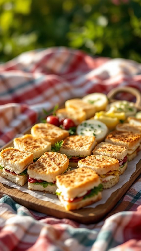 A platter of assorted mini sandwiches on a picnic blanket.