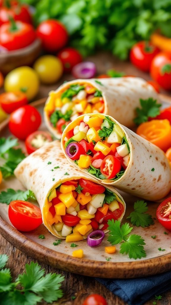 Mini veggie wraps filled with colorful vegetables on a wooden plate with cherry tomatoes in the background