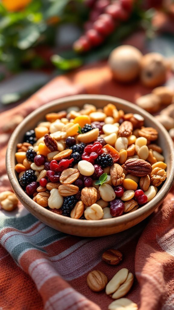A bowl of mixed nuts and dried fruit on a picnic blanket.
