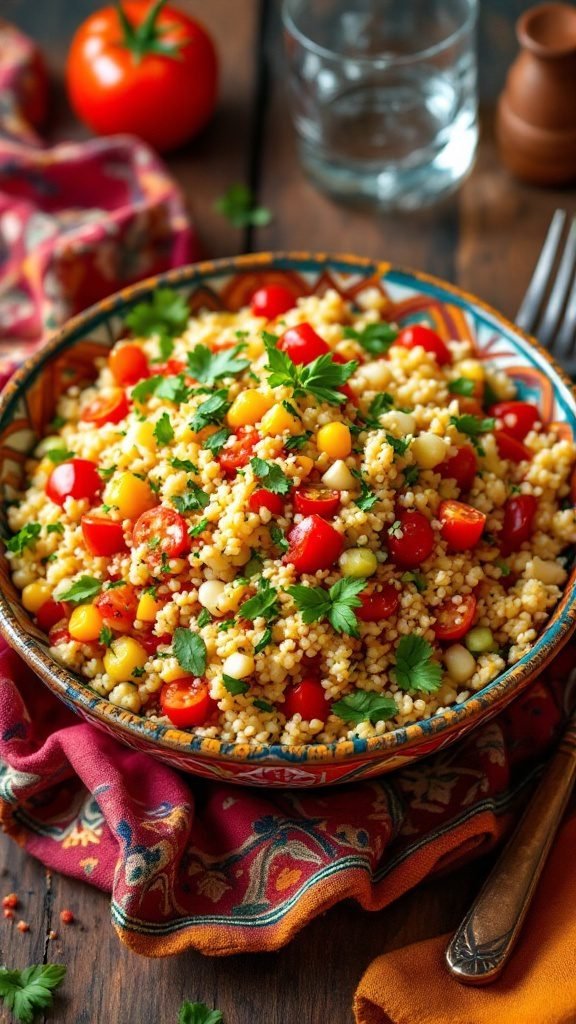 A colorful Moroccan Couscous Salad with cherry tomatoes, corn, and fresh herbs.