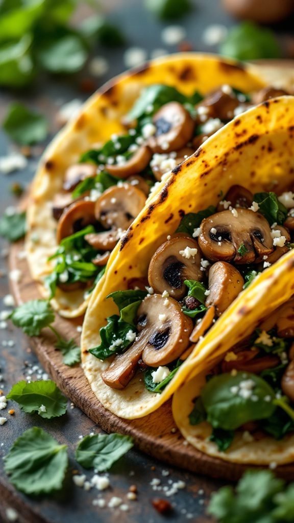 Mushroom and spinach tacos on a wooden board garnished with cilantro.