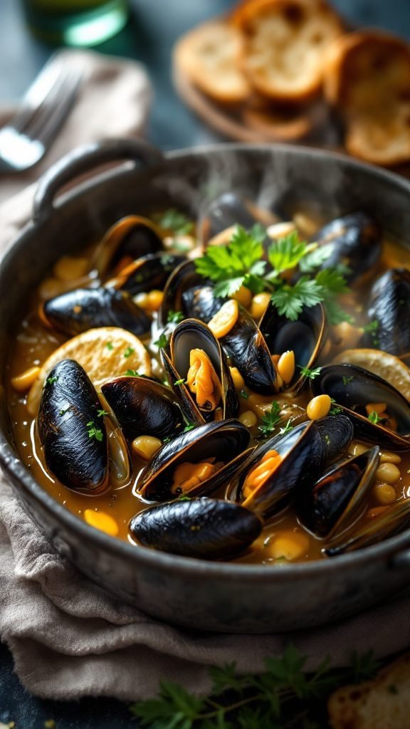 A delicious bowl of mussels in a savory white wine sauce with herbs.