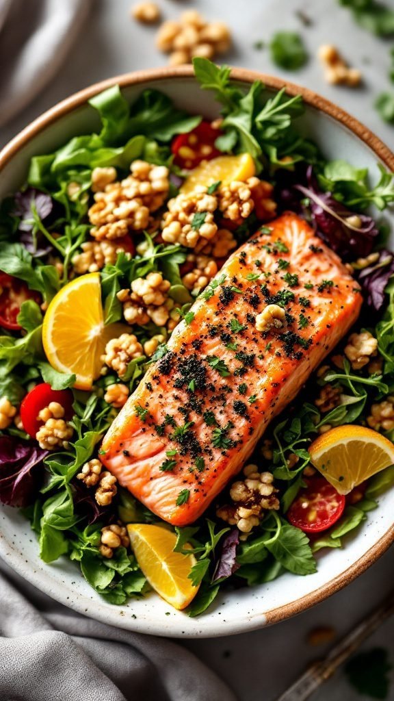 A healthy salad with salmon, greens, and toppings.