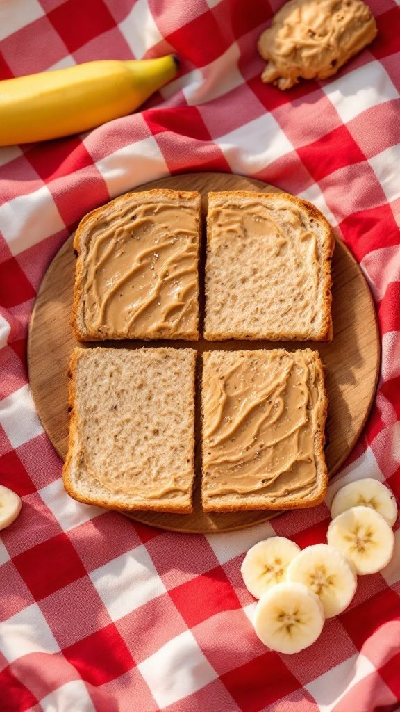 Nut butter and banana sandwiches on a wooden plate, surrounded by sliced bananas on a checkered picnic blanket.