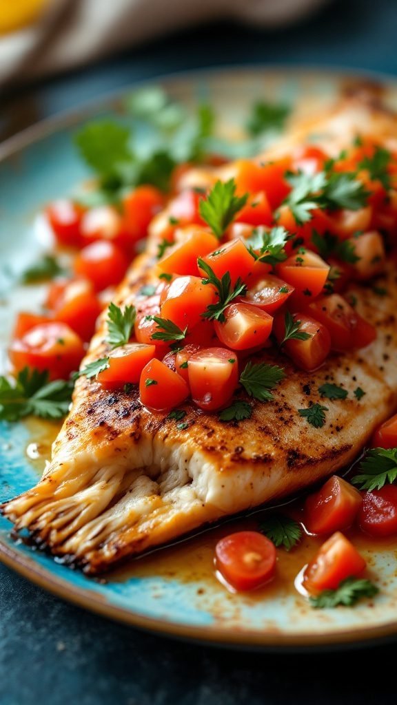 Oven-baked fish topped with fresh tomato salsa and herbs