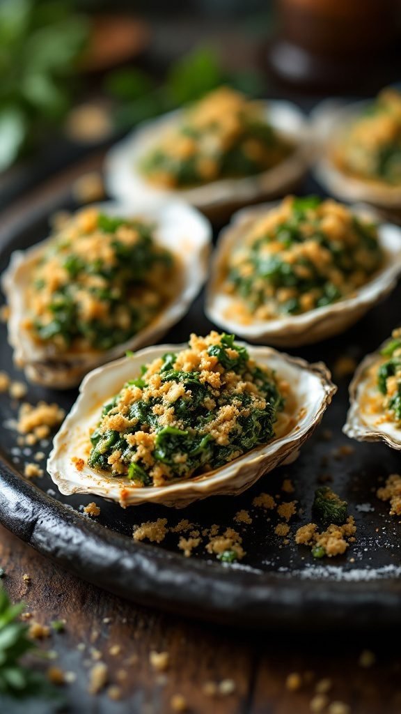 Oysters Rockefeller served on a wooden platter