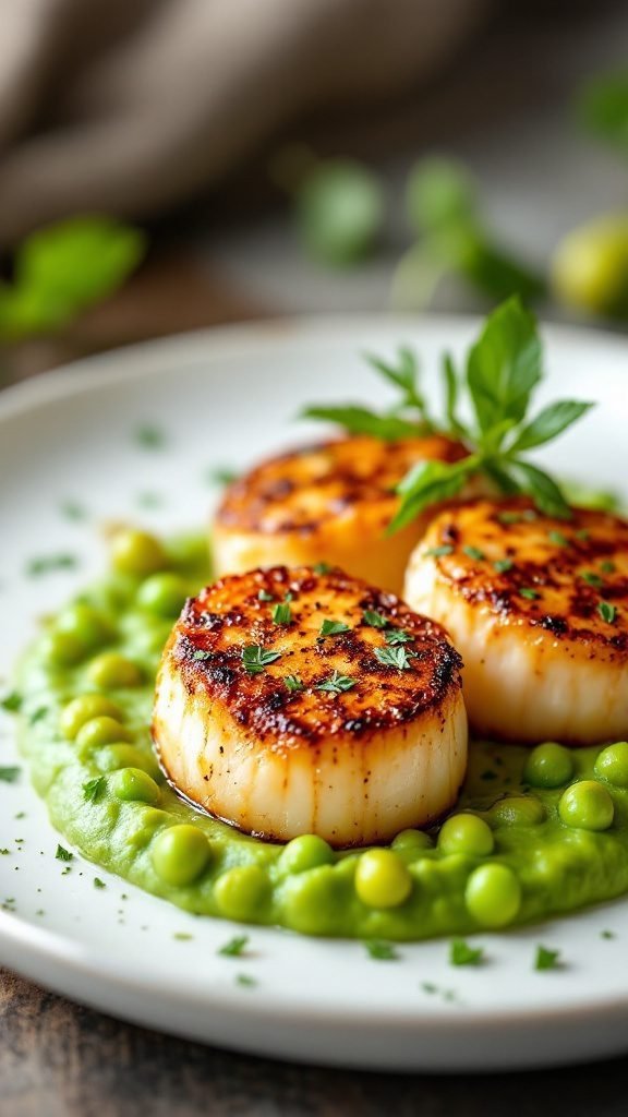 Pan-seared scallops served with pea purée and garnished with herbs