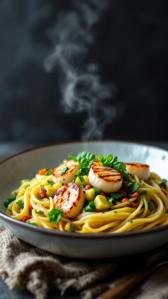 A bowl of pasta primavera topped with grilled scallops and fresh herbs