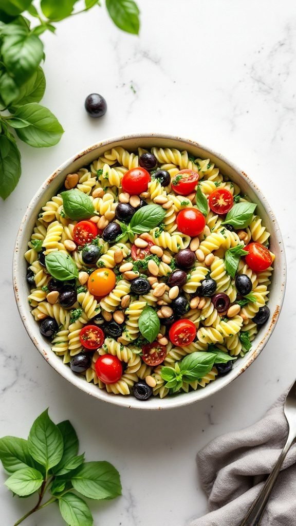 A vibrant bowl of pasta salad with pesto, featuring rotini pasta, cherry tomatoes, black olives, and fresh basil.