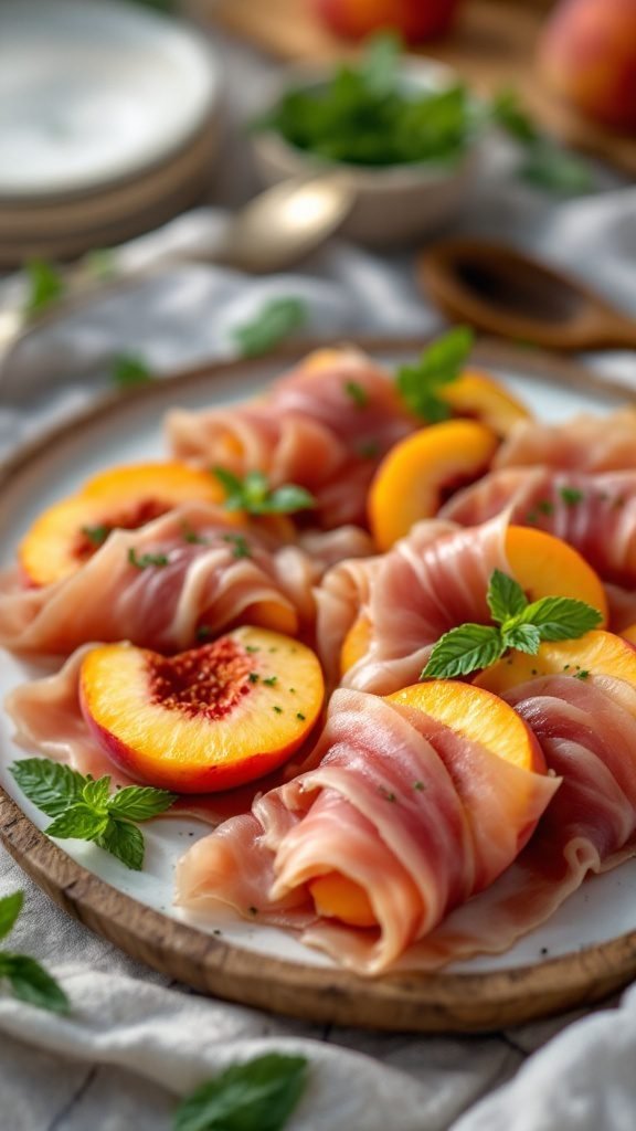 Plate of peach and prosciutto bites garnished with mint leaves