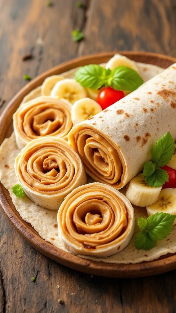 Peanut Butter Banana Roll-Ups on a wooden plate with sliced bananas and herbs