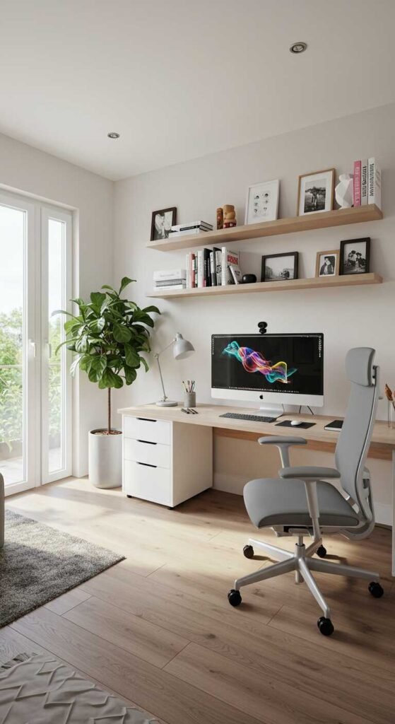 A cozy and organized home office setup with a desk, computer, plants, and decorative shelves.